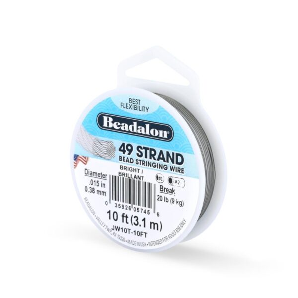 Beadalon 49 Strand Stainless Steel Bead Stringing Wire, .015 in / 0.38 mm, Bright, 10 ft / 3.1 m