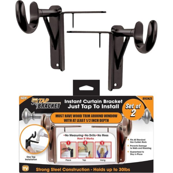 Spark Innovators Tap Curtain Rod Bracket, Bronze, Set of 2 – No Drill Curtain Rod Brackets, Damage-Free, Easy to Install | Fits 1.25" Rods, Holds up to 30 lbs, As Seen on TV – Great Gift Idea for Moms